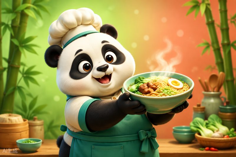 Panda Pantry cover art: Momo the panda chef holding a steaming noodle bowl inside a cozy bamboo café