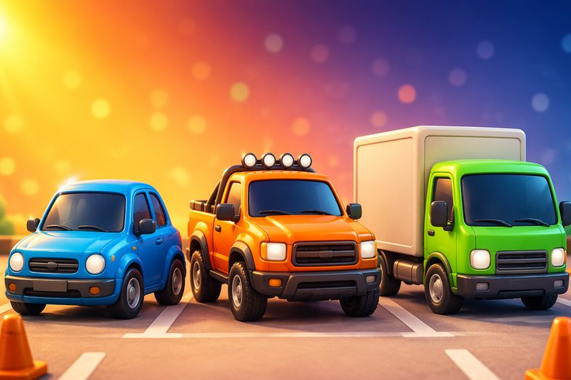 Parking Pro cover art: a cheerful delivery truck and a small car parked neatly in a sunny lot