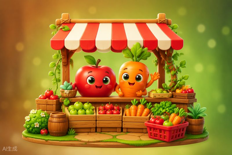 Merge Market cover art: smiling fruits and vegetables at a colorful isometric farmers’ market stall