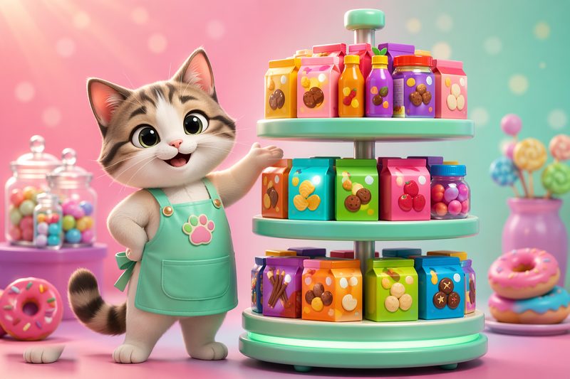 Snack Stack cover art: a glossy rotating shop shelf stacked with colorful fictional snack boxes and bottles