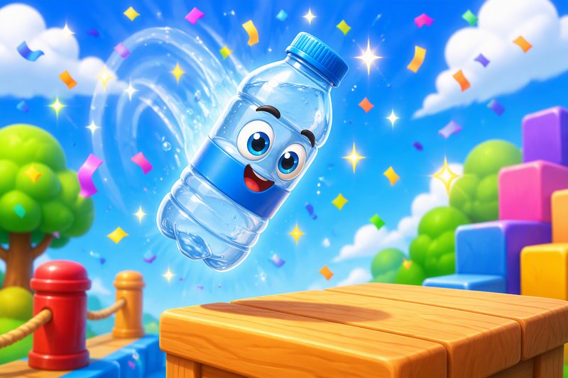 A water bottle flipping through the air toward a wooden platform with confetti