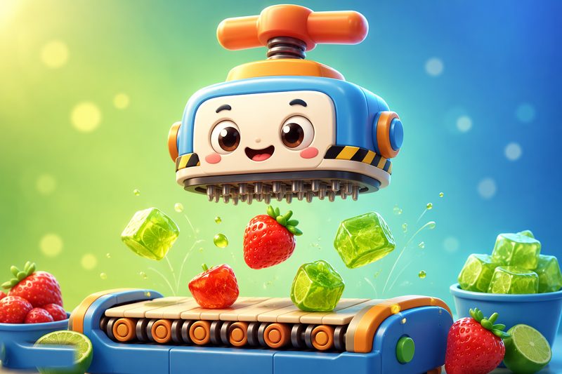 Slice Rush cover art: a toy blade slicing a soft strawberry in half above a colorful conveyor belt