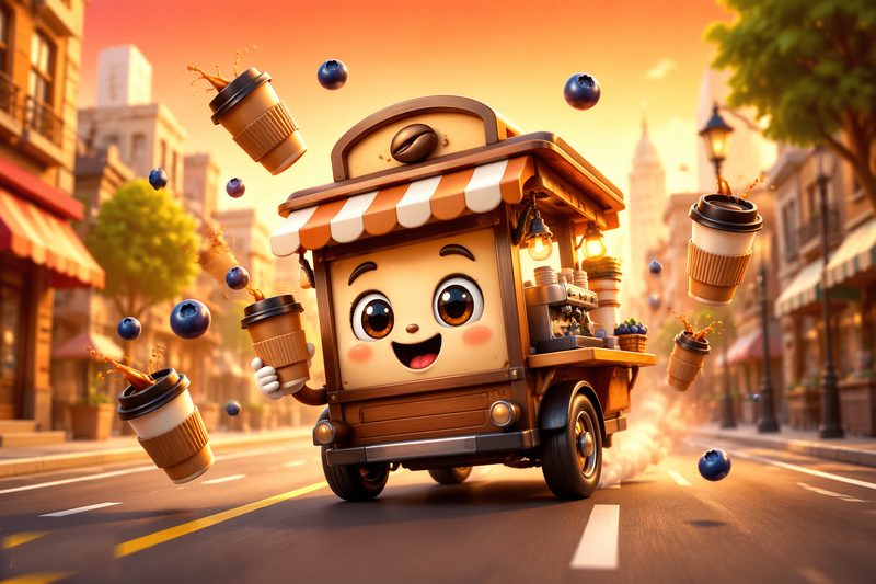 Brew Run cover art: a smiling café cart dashing down a city lane collecting strawberries and milk bottles