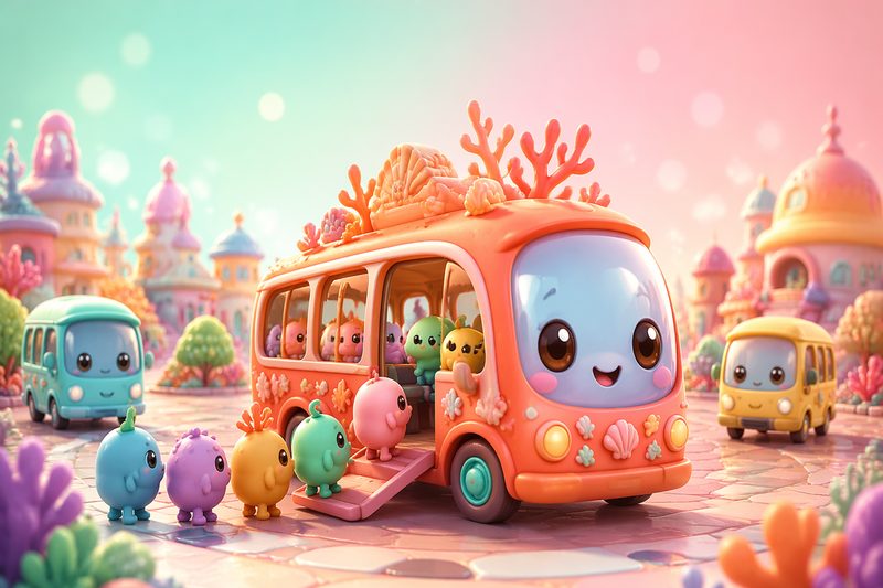 Shuttle Jam cover art: colorful mini shuttles and fantasy commuters queued at a tiny 3D transit plaza