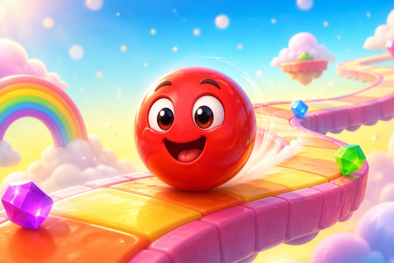 Sky Roll cover art: a striped ball rolling along a candy-colored track floating among clouds