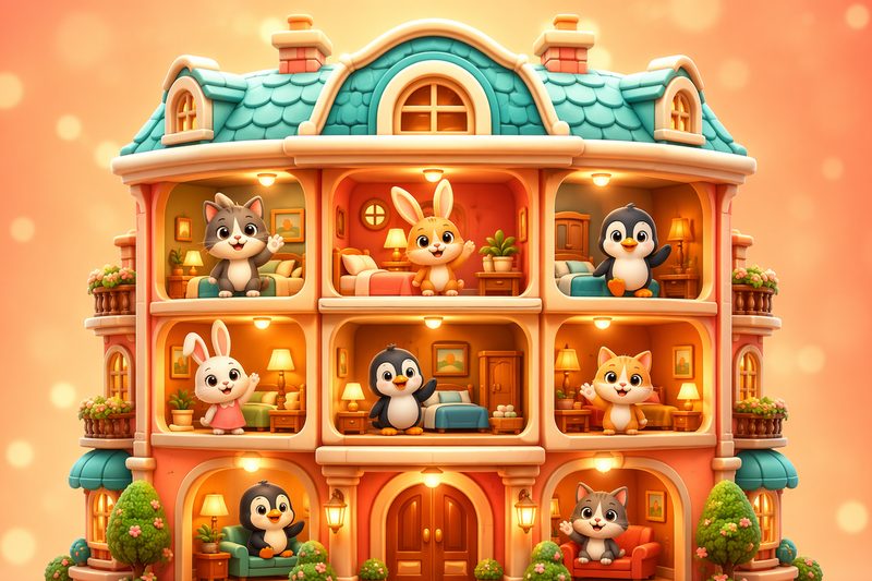 Pocket Hotel cover art: a cutaway dollhouse hotel with tiny guests, tidy rooms, and a busy front desk