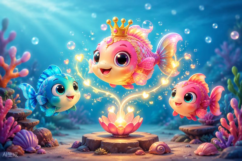Cozy Aquarium Merge cover art: a glowing aquarium with fictional fish, coral, and pearly shells