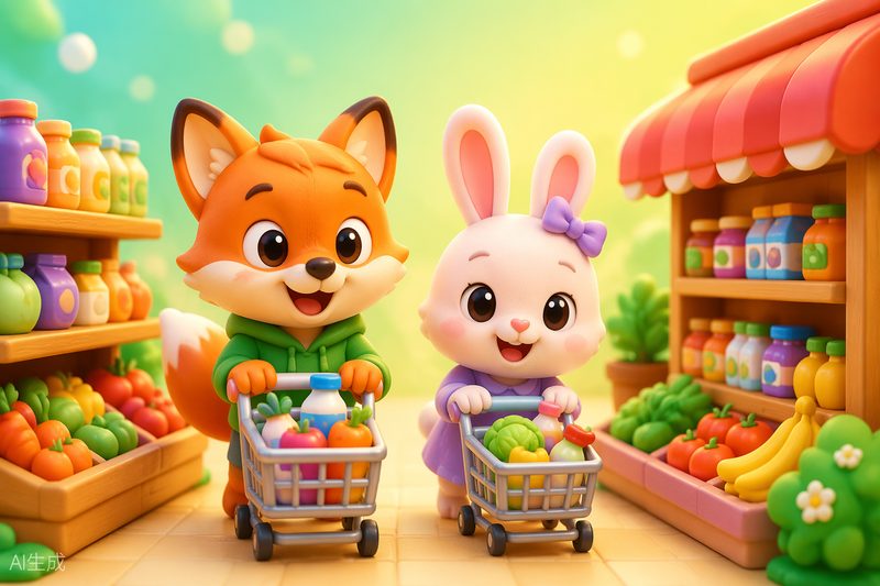 Mini Mart Parade cover art: a colorful miniature supermarket with animal customers and stacked shelves