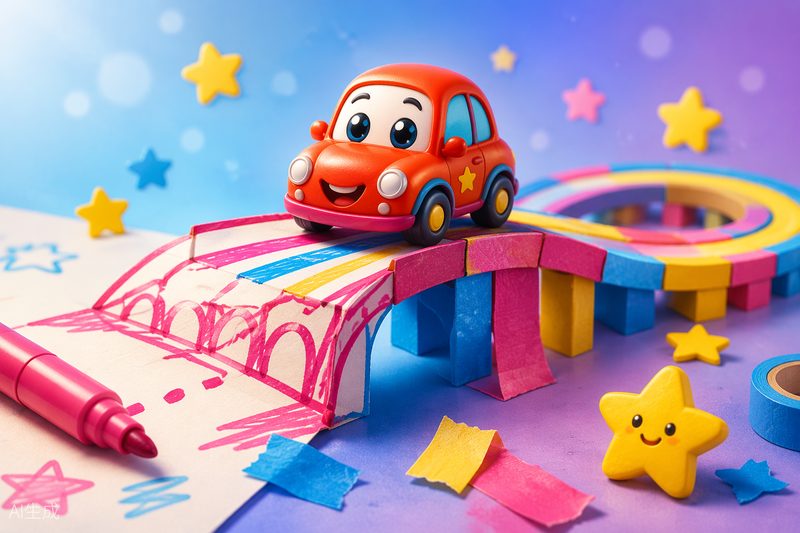 Bridge Doodle Rally cover art: a marker-drawn bridge turning into a 3D paper-craft track under a toy car