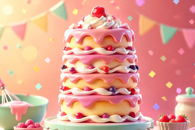 Cake Tower Party cover art: a towering cake with fruit, icing, and confetti in a bright party kitchen