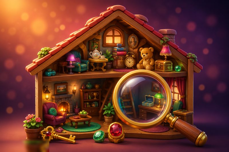 Hidden Object House cover art: a richly illustrated dollhouse room packed with objects to find