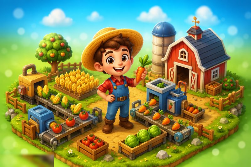 Tiny Farm Factory cover art: an isometric toy farm with conveyors carrying crops between friendly machines