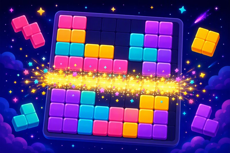 Star Blocks cover art: a night-sky 8×8 puzzle board with glowing colorful blocks and a clearing row of sparkles