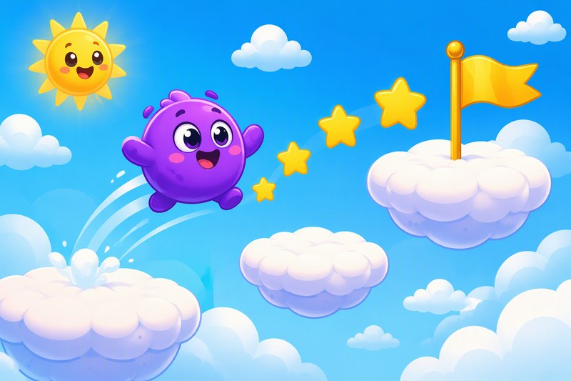 Cloudhop Obby cover art: a purple cloud-hopper creature jumping between fluffy cloud platforms toward a golden flag