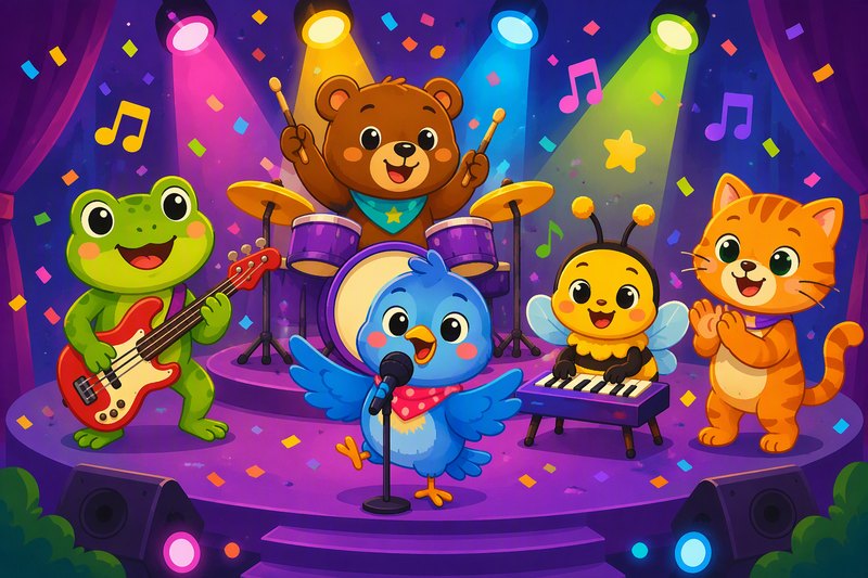 Beat Buddies cover art: cartoon animal musicians on a purple stage with speakers and colorful spotlights