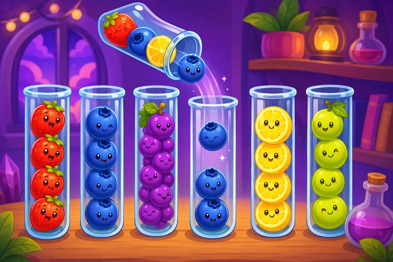 Berry Sort cover art: glass tubes filled with colorful cartoon berries being sorted on a purple background