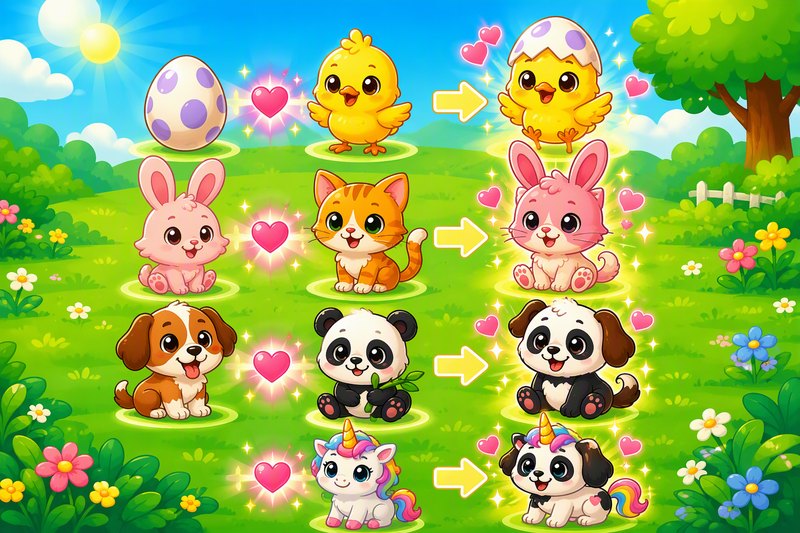 Merge Critters cover art: a green meadow grid with cute cartoon animals — egg, bunny, kitten, panda and unicorn
