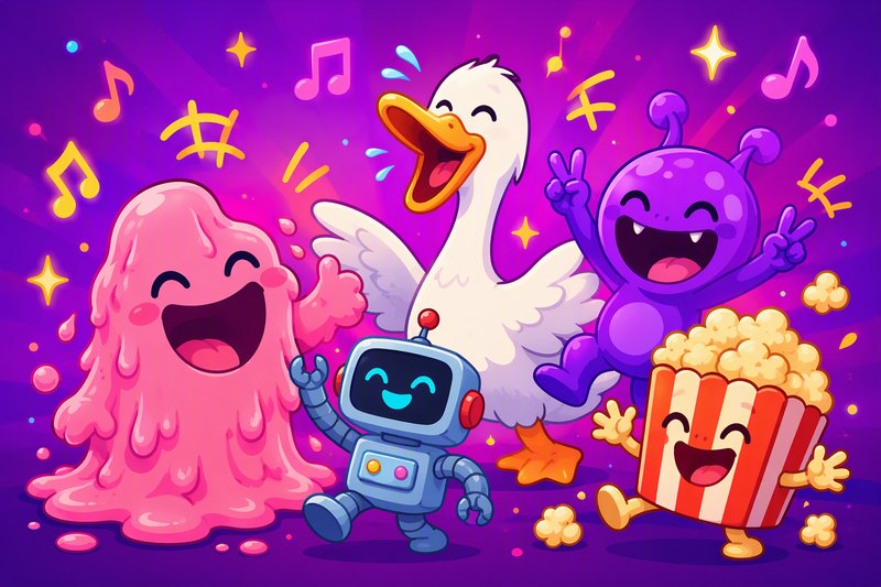 Giggle Gang cover art: a crowd of silly original cartoon creatures laughing together on a purple background