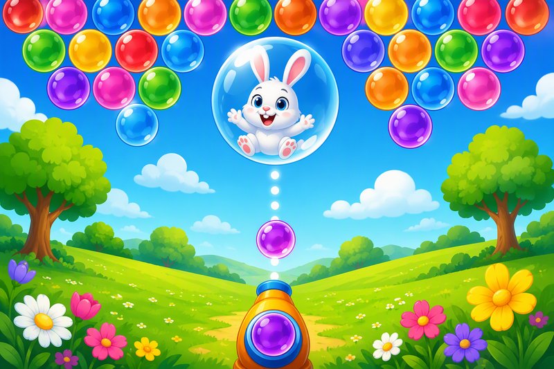 Bubble Meadow cover art: colorful bubbles with a trapped cartoon bunny over a sunny green meadow