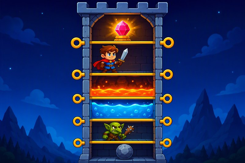 Hero Pins cover art: a cartoon hero, treasure, lava and a goblin stacked in chambers with golden pins