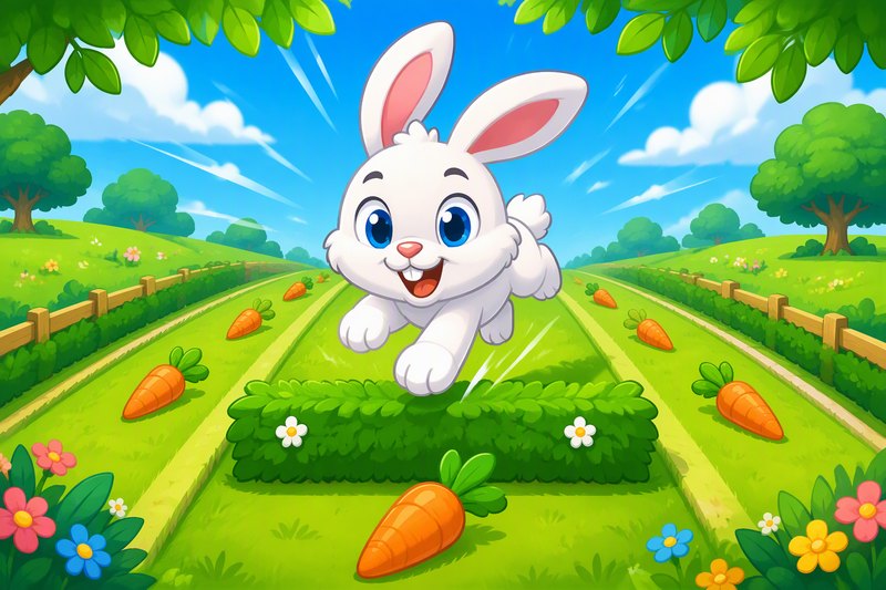 Dash Bunny cover art: a white cartoon bunny dashing down sunny meadow lanes past hedges and carrots