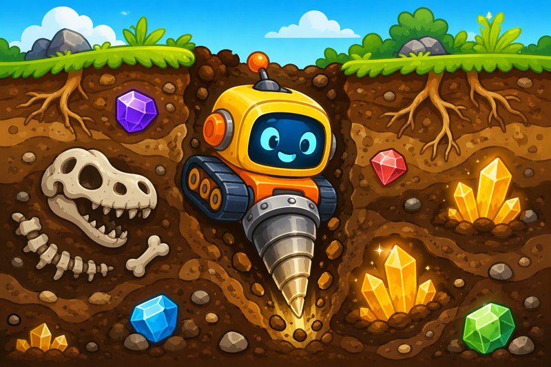 Treasure Drill cover art: a small drill robot underground among soil layers, gems, fossils and crystals