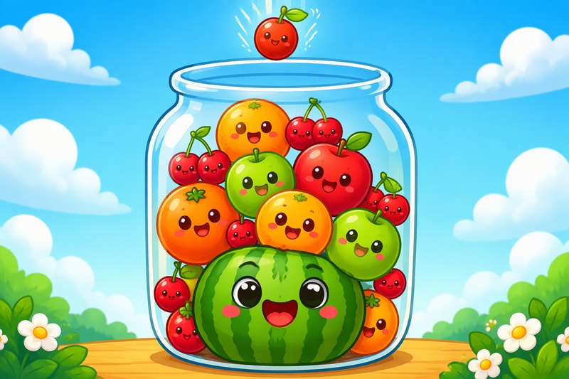 Melon Merge cover art: cheerful cartoon fruits tumbling into a pink toy bin with a giant smiling watermelon