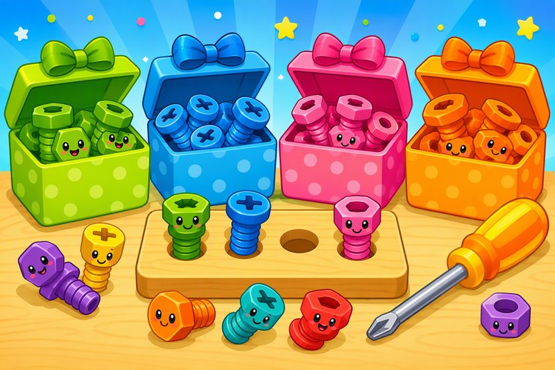 Bolt Buddies cover art: smiling colorful bolts with faces popping out of a toy toolbox into gift boxes