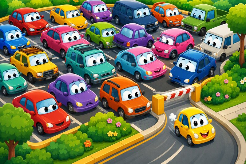 Car Park Parade cover art: cute colorful cartoon cars in a cheerful parking lot with confetti and arrows