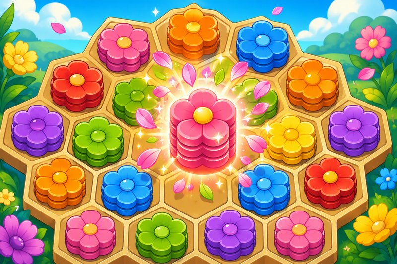 Hexa Bloom cover art: a golden honeycomb with stacked rainbow hex tiles blooming into flowers, a happy bee flying by