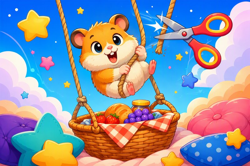 Rope Rescue Pets cover art: a sleepy kitten swinging on ropes above a cozy basket, stars and mushrooms around