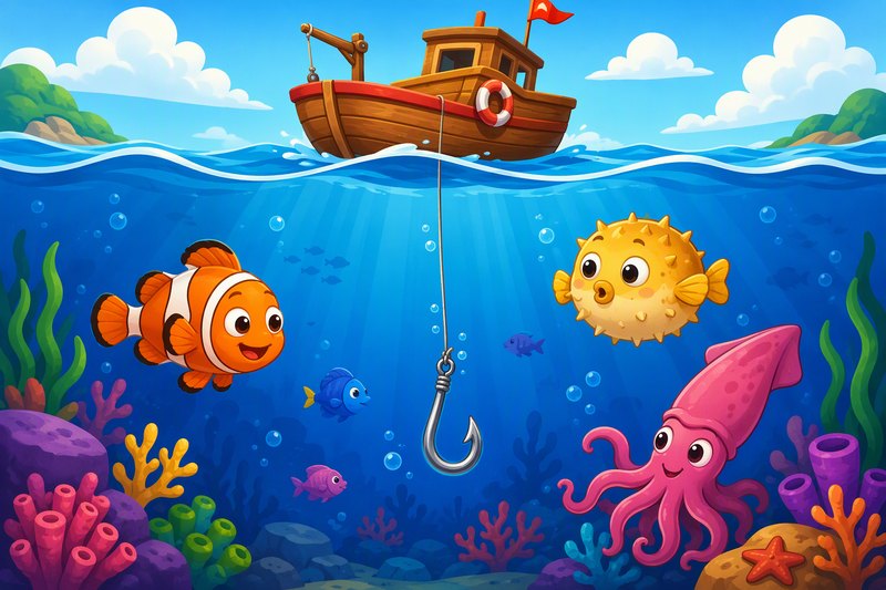 Reel Friends cover art: a little sailboat above bright blue water full of smiling cartoon fish and a golden hook