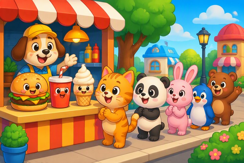 Snack Shack Tycoon cover art: a cheerful wooden snack stand with burgers and ice cream, happy animal customers waiting