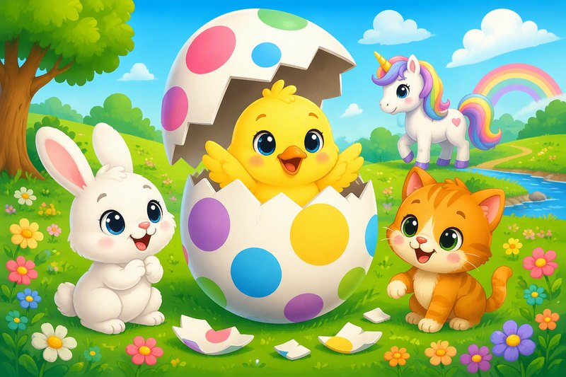 Pet Pals Meadow cover art: a sunny meadow full of cute cartoon pets around a big spotted surprise egg