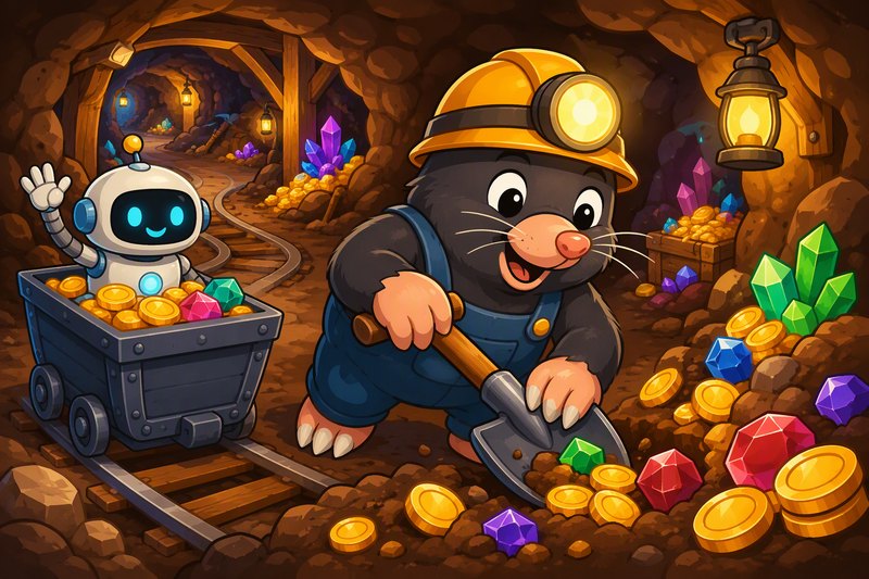 Mine Moles cover art: cute moles with tiny helmets mining a giant sparkling gem in a purple crystal cave
