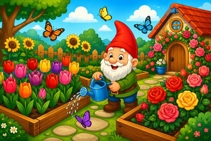 Garden Gnomes cover art: a tiny garden with tulips and sunflowers, a smiling garden gnome holding a watering can
