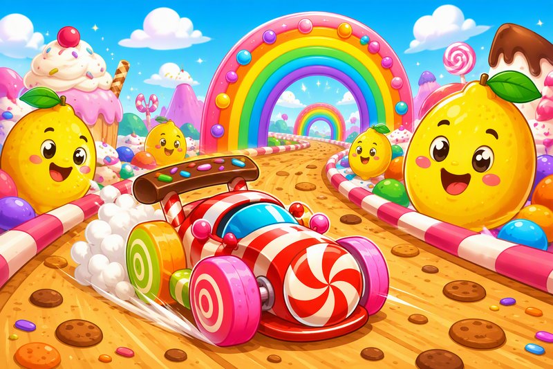 Swerve Sweets cover art: a happy gumdrop zooming down a pink candy road between lollipops and lemons