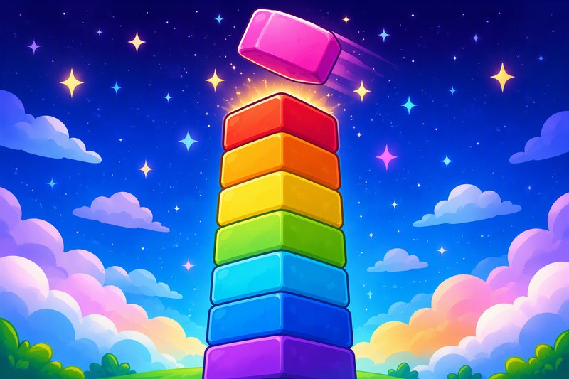 Stack Sky High cover art: a tall rainbow block tower reaching into a starry sky with a crane dropping the next block
