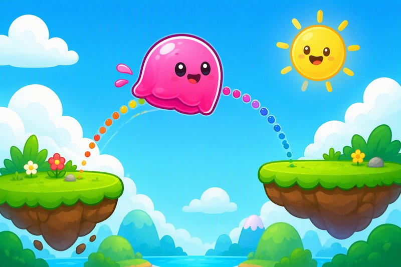 Jelly Jump cover art: a purple jelly blob boinging between fluffy clouds under a rainbow arc