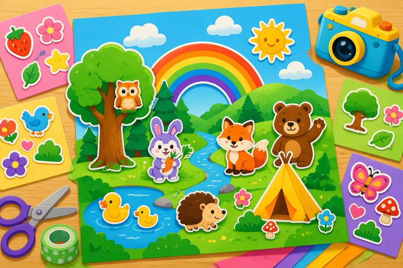 Sticker Story Studio cover art: a beach scene covered in cute animal and rainbow stickers with a sticker tray below