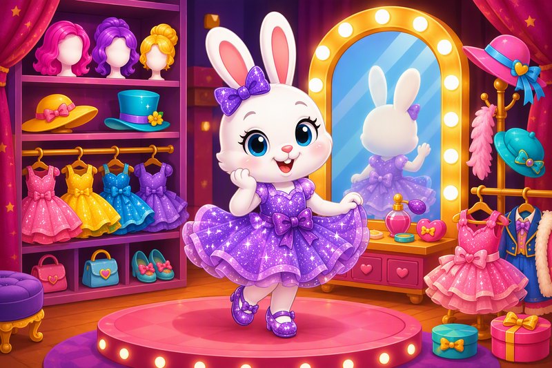 Dress-Up Dreams cover art: a cute kid character in a sparkly outfit on a pastel runway with confetti
