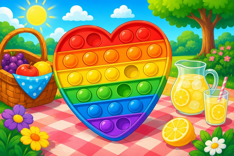 Pop-It Picnic cover art: a rainbow heart-shaped pop-it toy on a picnic blanket with a basket and lemonade