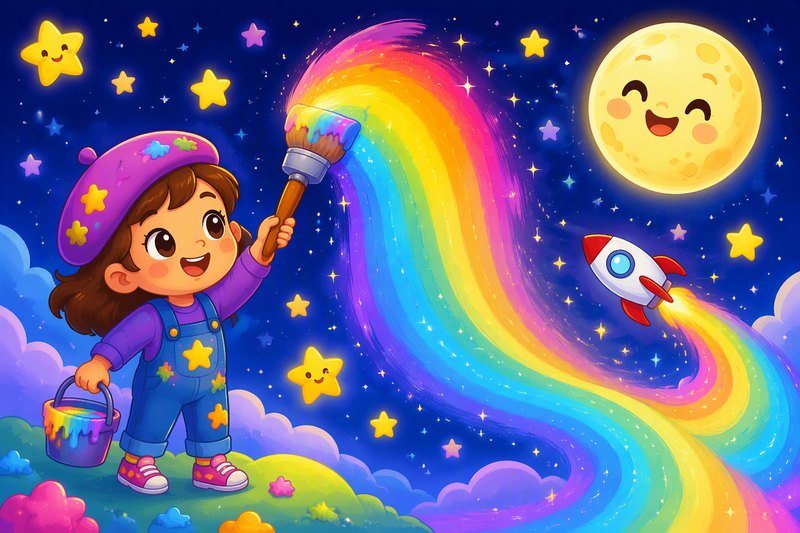 A glowing night sky painted with rainbow light swirls, sparkly stars, a smiling moon and a little rocket, in a bright flat cartoon style