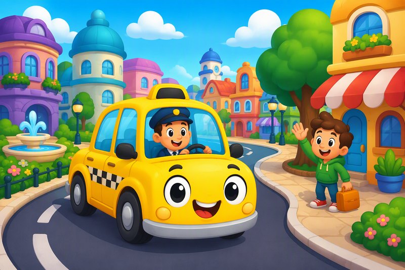 A cute yellow taxi cab driving through a colorful cartoon town with tall buildings and a waving passenger, in a bright flat vector style