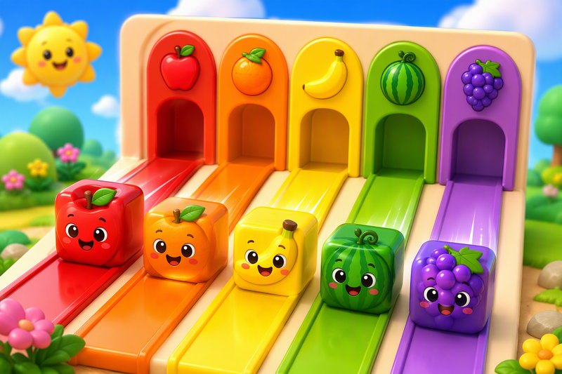 Colorful cartoon blocks sliding toward matching color doors on a playful puzzle board, in a bright flat vector style