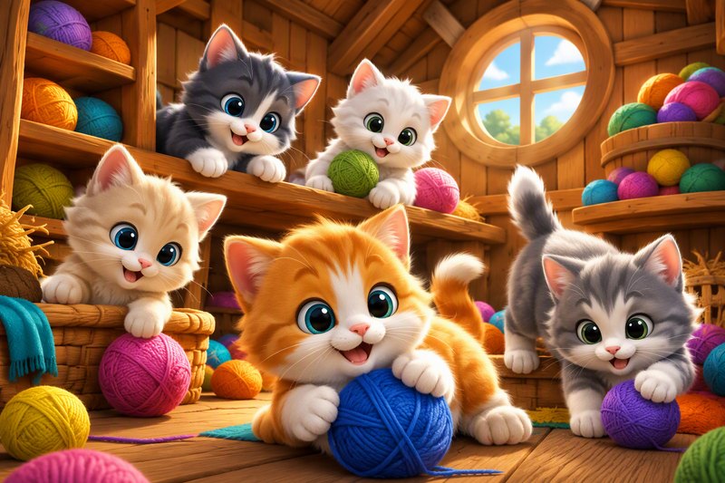 Cute cartoon cats in a cozy barn surrounded by colorful balls of yarn and knitting, in a bright flat vector style