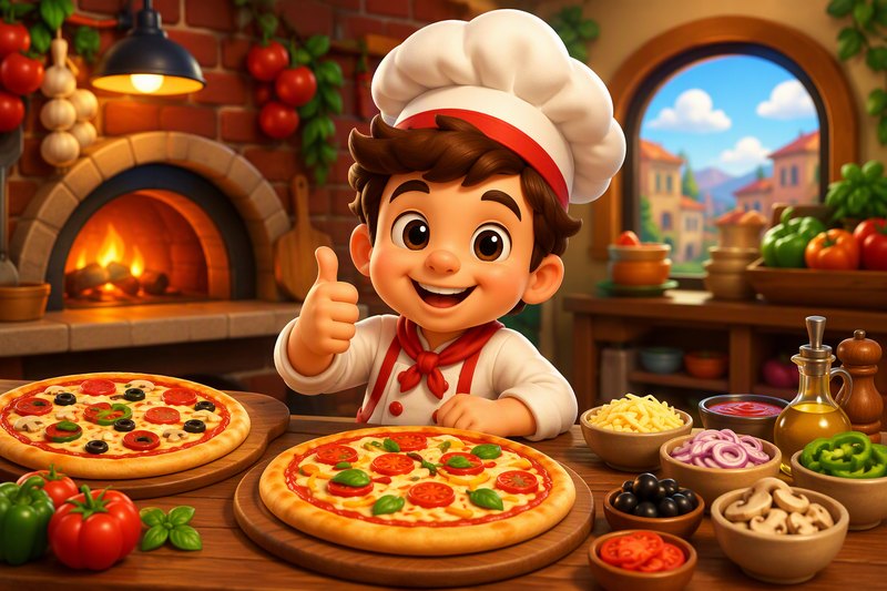 A cheerful cartoon pizza parlor with a smiling chef, a fresh pizza with toppings, and happy waiting customers, in a bright flat vector style