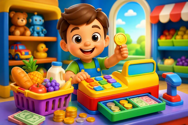 A smiling cartoon cashier at a shop counter with a cash register, coins, bills, and a basket of groceries, in a bright flat vector style