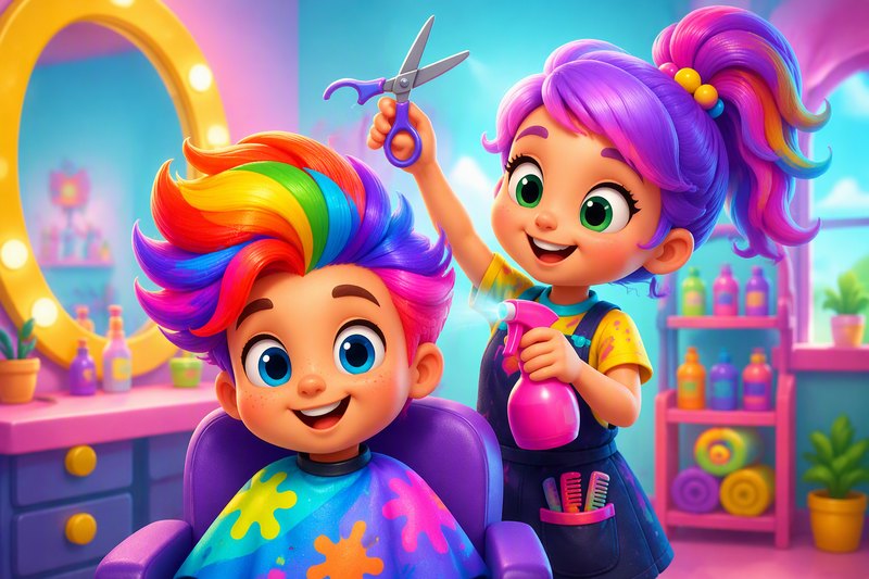 A cheerful cartoon hair salon with a smiling client getting a colorful haircut, scissors and dye bottles nearby, in a bright flat vector style