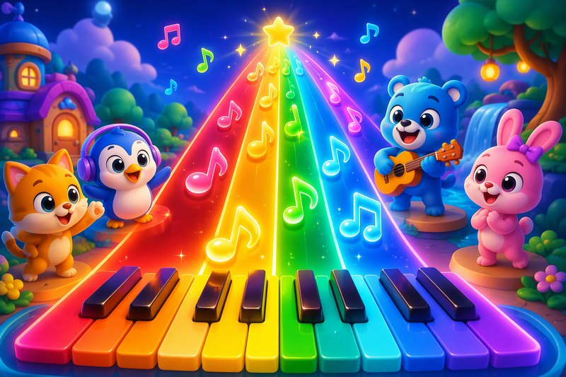 Four rainbow piano lanes with colorful notes sliding down toward a glowing line, musical sparkles around, in a bright flat vector style